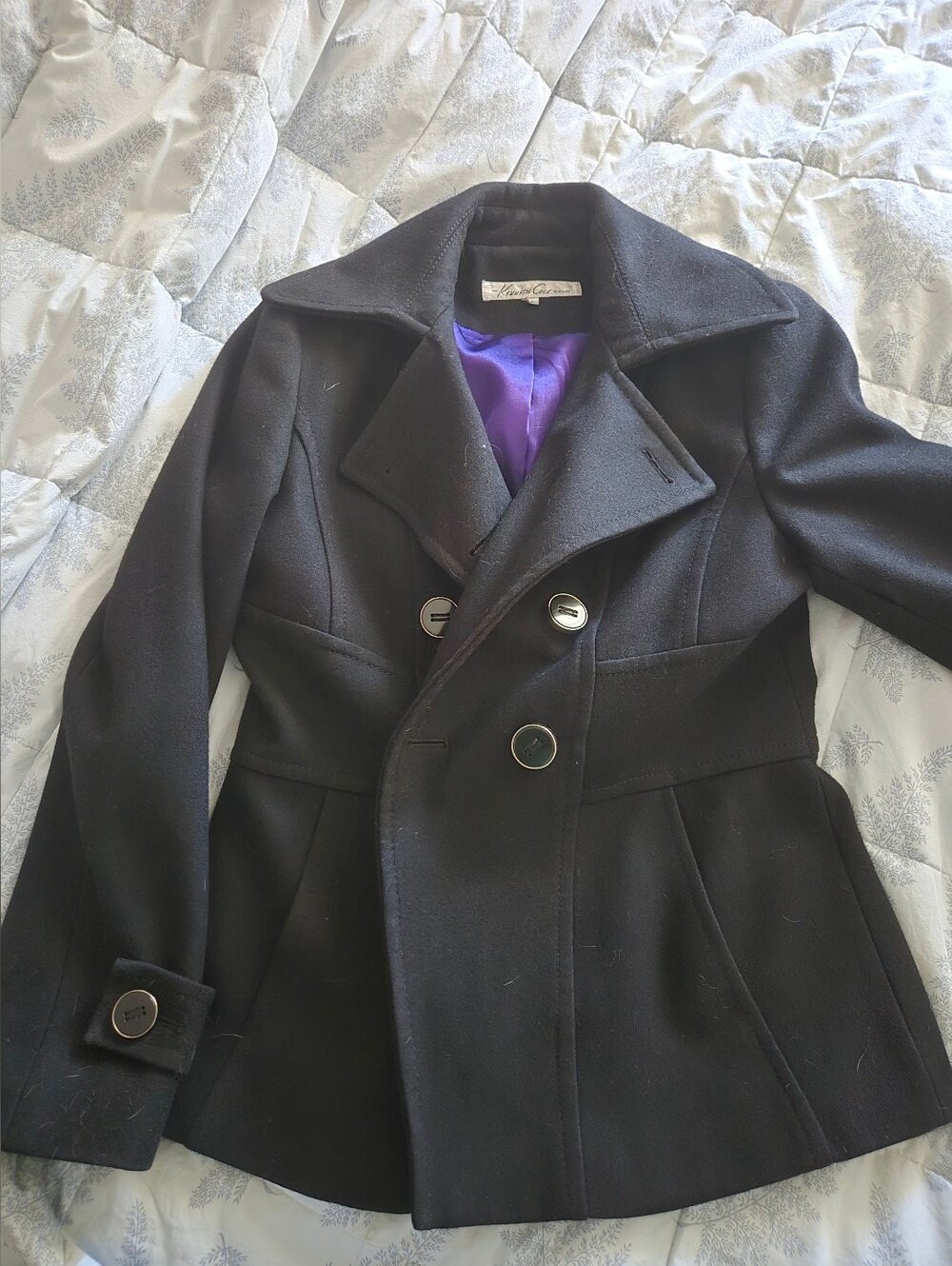 Women’s Black Kenneth Cole Vintage Peacoat Jacket with Purple Lining